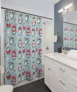 Penguins in Winter Clothes Shower Curtain - Fabric Shower Curtain for Your Christmas Bathroom