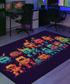 Personalizable Cute Pixel Robots Space Invaders Retro Area Rug