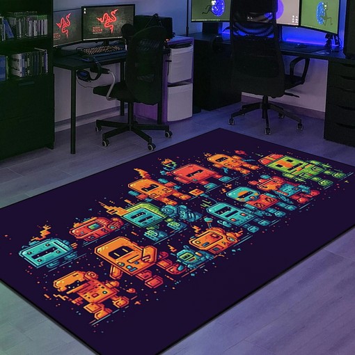Personalizable Cute Pixel Robots Space Invaders Retro Area Rug