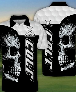 Personalized Name Black White Skull Golf Polo Shirt Gift Perfect for Fans