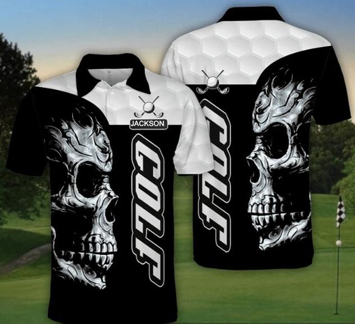 Personalized Name Black White Skull Golf Polo Shirt Gift Perfect for Fans