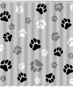 Pet Paw Print Shower Curtain - Black and White Cute Dog Cat Animal Print on Fabric for Animal Lover Bathroom Decor