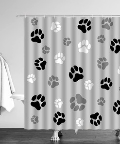 Pet Paw Print Shower Curtain - Black and White Cute Dog Cat Animal Print on Fabric for Animal Lover Bathroom Decor