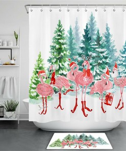 Pine Forest Flamingo Christmas Winter Shower Curtain for Bathroom Decor