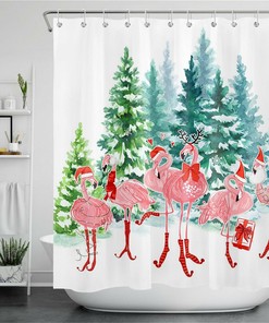 Pine Forest Flamingo Christmas Winter Shower Curtain for Bathroom Decor