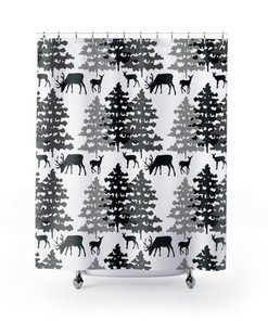 Pine Tree Forest Animals Shower Curtain for Rustic Farmhouse Bathroom Decor