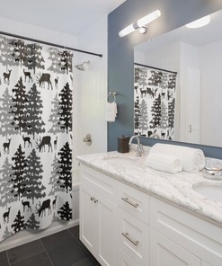 Pine Tree Forest Animals Shower Curtain for Rustic Farmhouse Bathroom Decor
