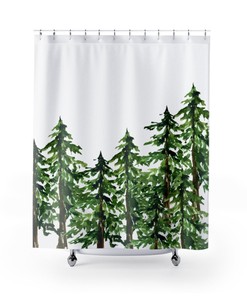 Pine Tree Shower Curtain - Forest Theme Bathroom Decor with Nature Prints