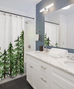 Pine Tree Shower Curtain - Forest Theme Bathroom Decor with Nature Prints