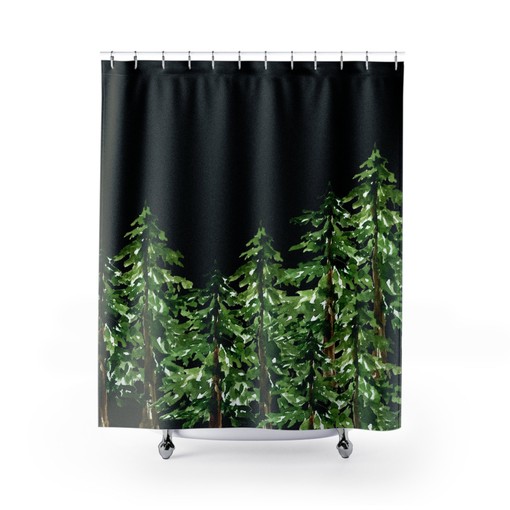 Pine Tree Shower Curtain - Forest Theme Bathroom Decor with Nature Prints