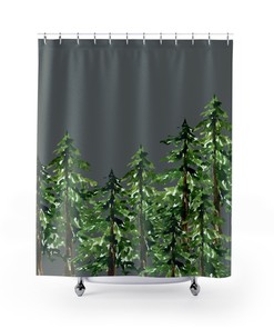 Pine Tree Shower Curtain - Forest Theme Bathroom Decor with Nature Prints