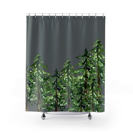 Pine Tree Shower Curtain - Forest Theme Bathroom Decor with Nature Prints