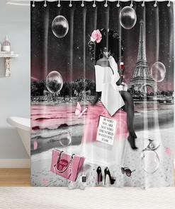 Pink African American Woman Shower Curtain with Eiffel Tower and Perfume - Home Decor