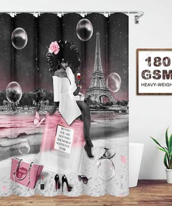 Pink African American Woman Shower Curtain with Eiffel Tower and Perfume - Home Decor
