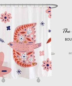 Pink Bird Shower Curtain with Flower for Spring Bathroom Decor