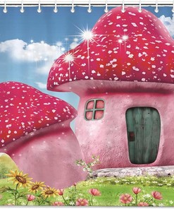 Pink Cartoon Mushroom Shower Curtain for Bathroom Decor, Home Decor Style