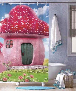Pink Cartoon Mushroom Shower Curtain for Bathroom Decor, Home Decor Style