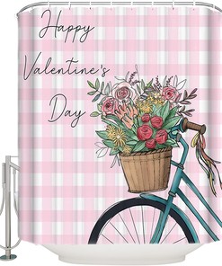 Pink Country Retro Bicycle Valentine's Plaid Shower Curtain - Rose Flower Print on Fabric for Rustic Bathroom Decor