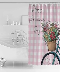Pink Country Retro Bicycle Valentine's Plaid Shower Curtain - Rose Flower Print on Fabric for Rustic Bathroom Decor