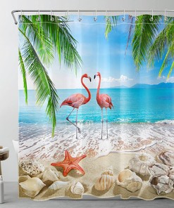 Pink Flamingo Seashell Coastal Shower Curtain for Bathroom decor