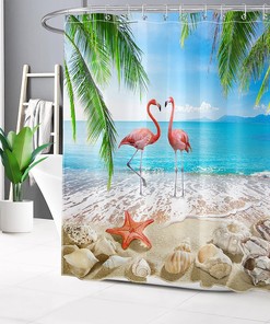 Pink Flamingo Seashell Coastal Shower Curtain for Bathroom decor
