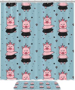 Pink Hawaiian Dance Crown Pig Shower Curtain for Bathroom Decor