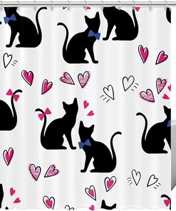 Pink Heart Black Cat Fabric Shower Curtain for Bathroom Decor
