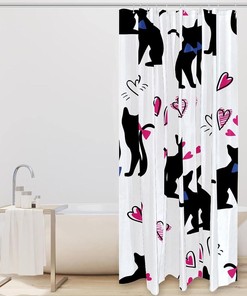 Pink Heart Black Cat Fabric Shower Curtain for Bathroom Decor