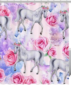 Pink Rose Unicorn Horse Shower Curtain for Bathroom Decor