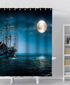Pirate Ghost Ship on Full Moon Shower Curtain for Bathroom Decor, Waterproof Fabric Curtain