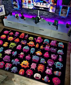 Pixel Artwork Black Background Arcade Rug with Inventive Character Designs