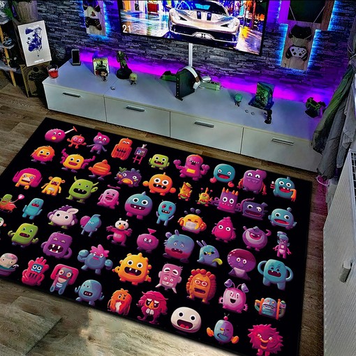 Pixel Artwork Black Background Arcade Rug with Inventive Character Designs