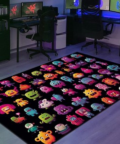 Pixel Artwork Black Background Arcade Rug with Inventive Character Designs