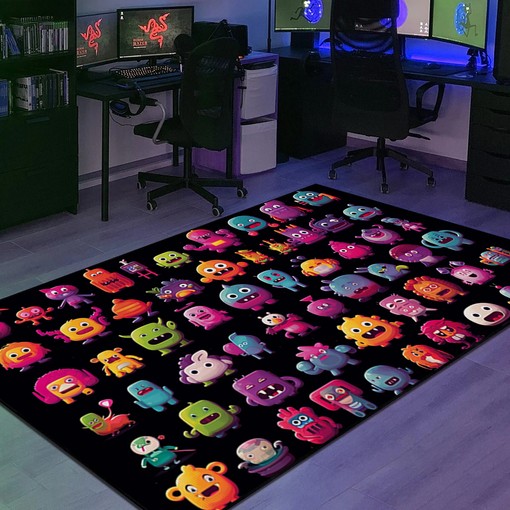 Pixel Artwork Black Background Arcade Rug with Inventive Character Designs