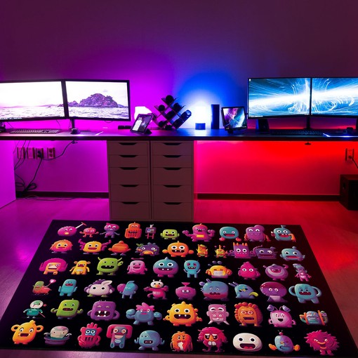 Pixel Artwork Black Background Arcade Rug with Inventive Character Designs