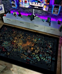 Pixel Block Playfully Dark Arcade Carpet - Interactive Pieces, Black Background