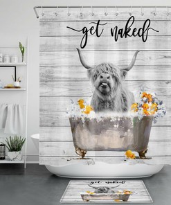 Planks Highland Cow Shower Curtain for Rustic Farmhouse Bathroom Decor 