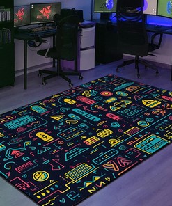 Playful Characters in Neon Geometric Pattern, Personalized Area Rug