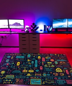 Playful Characters in Neon Geometric Pattern, Personalized Area Rug