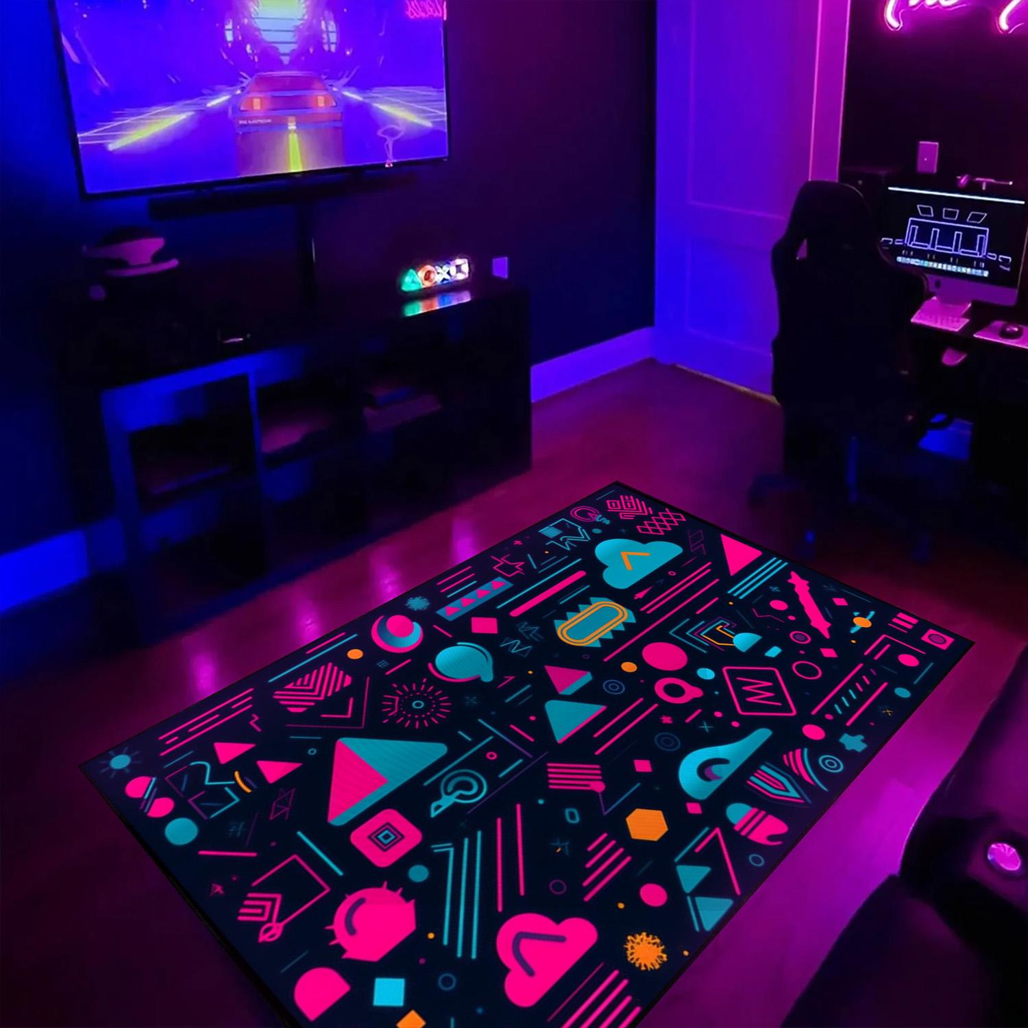 Playful Neon Shapes Pattern Rug with 90's Geometric Design - Ideal for Home Decoration