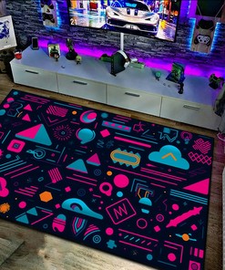 Playful Neon Shapes Pattern Rug with 90's Geometric Design - Ideal for Home Decoration