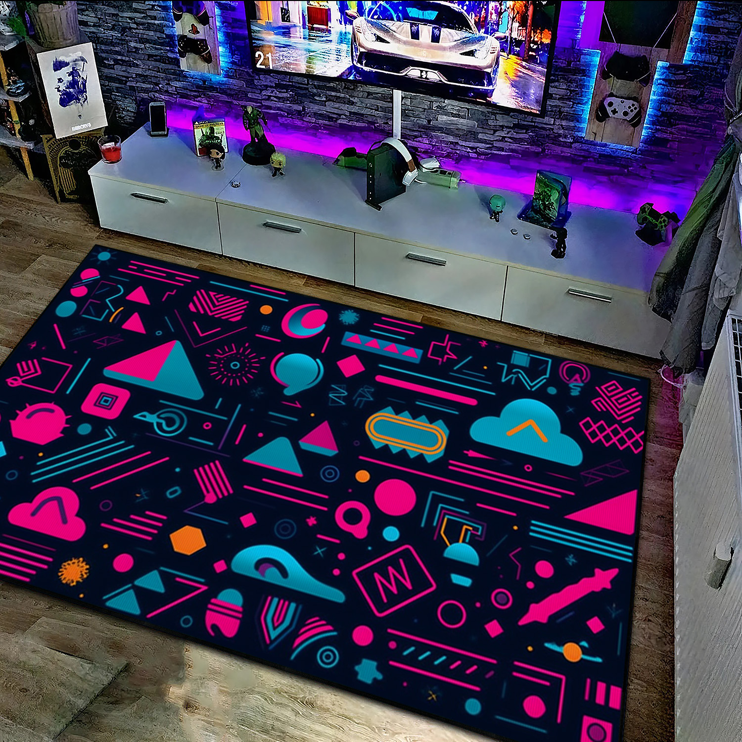 Playful Neon Shapes Pattern Rug with 90's Geometric Design - Ideal for Home Decoration