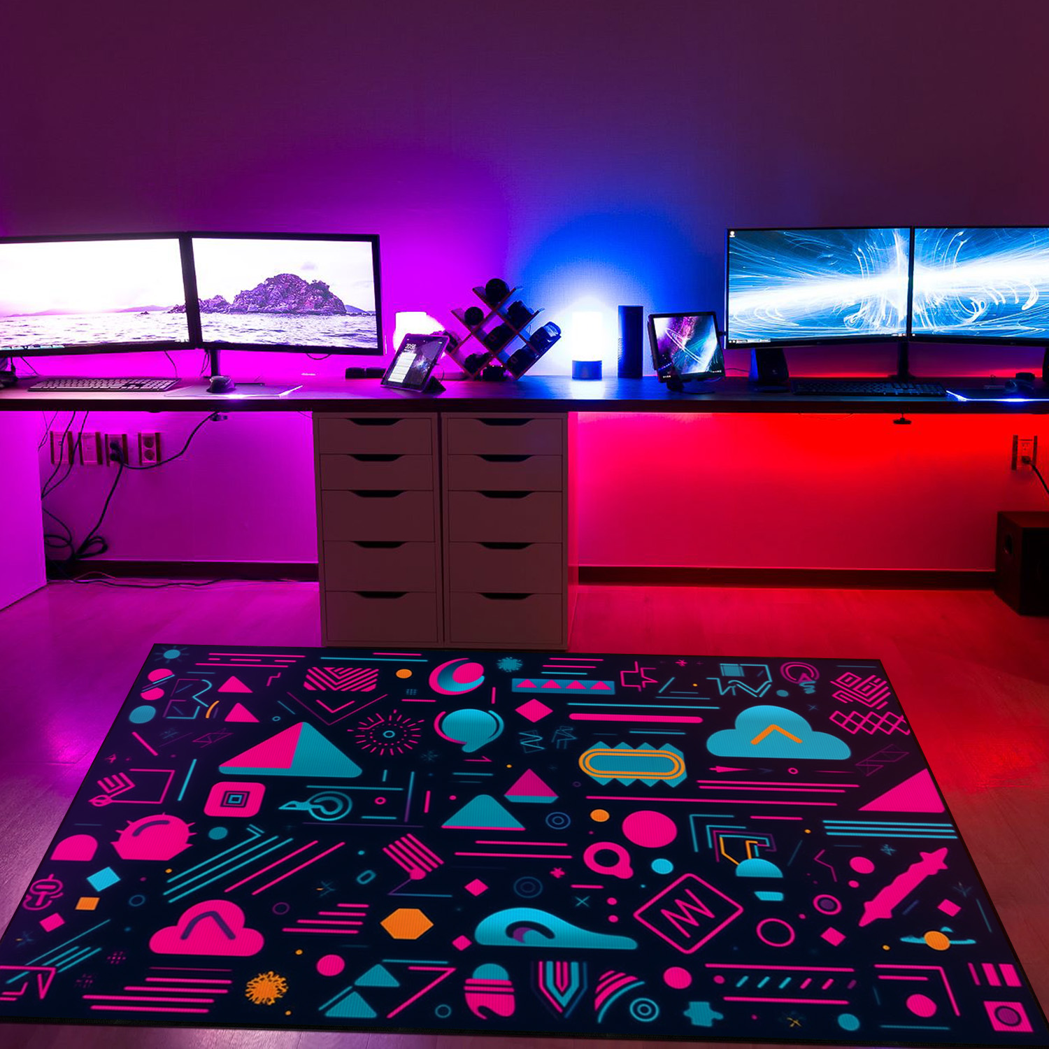Playful Neon Shapes Pattern Rug with 90's Geometric Design - Ideal for Home Decoration
