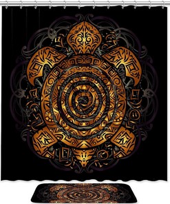 Polynesian Golden Tribal Sea Turtle Fabric Shower Curtain Liner: Coastal Bathroom Decor