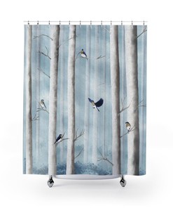 Powder Blue Shower Curtain with Bluebirds in Misty Forest, Print from Original Artwork