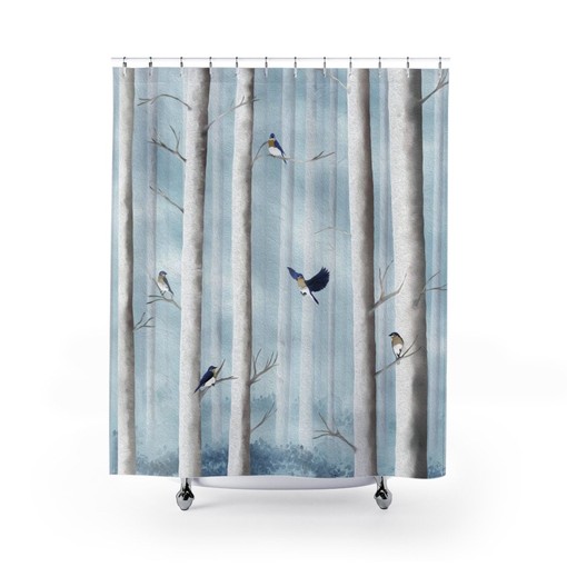 Powder Blue Shower Curtain with Bluebirds in Misty Forest, Print from Original Artwork