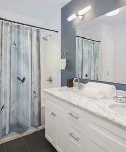 Powder Blue Shower Curtain with Bluebirds in Misty Forest, Print from Original Artwork