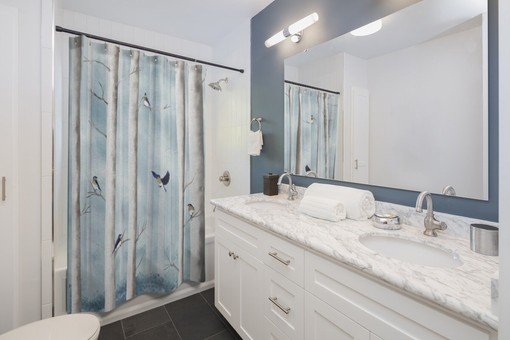 Powder Blue Shower Curtain with Bluebirds in Misty Forest, Print from Original Artwork