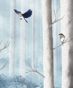 Powder Blue Shower Curtain with Bluebirds in Misty Forest, Print from Original Artwork