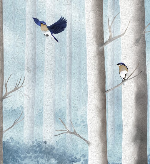 Powder Blue Shower Curtain with Bluebirds in Misty Forest, Print from Original Artwork